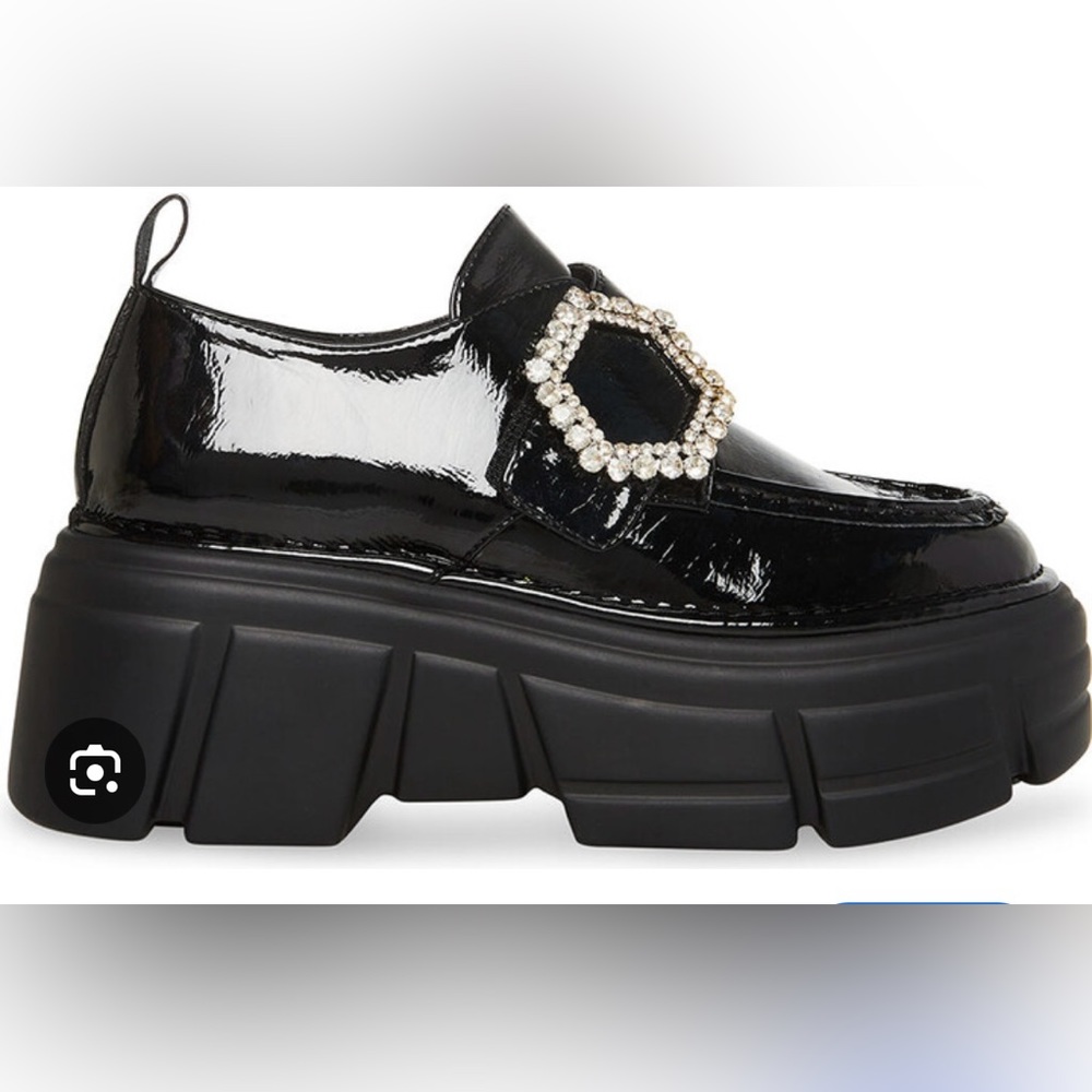 Black Patent Platform Loafers with Crystal Buckle - Picture 2 of 8